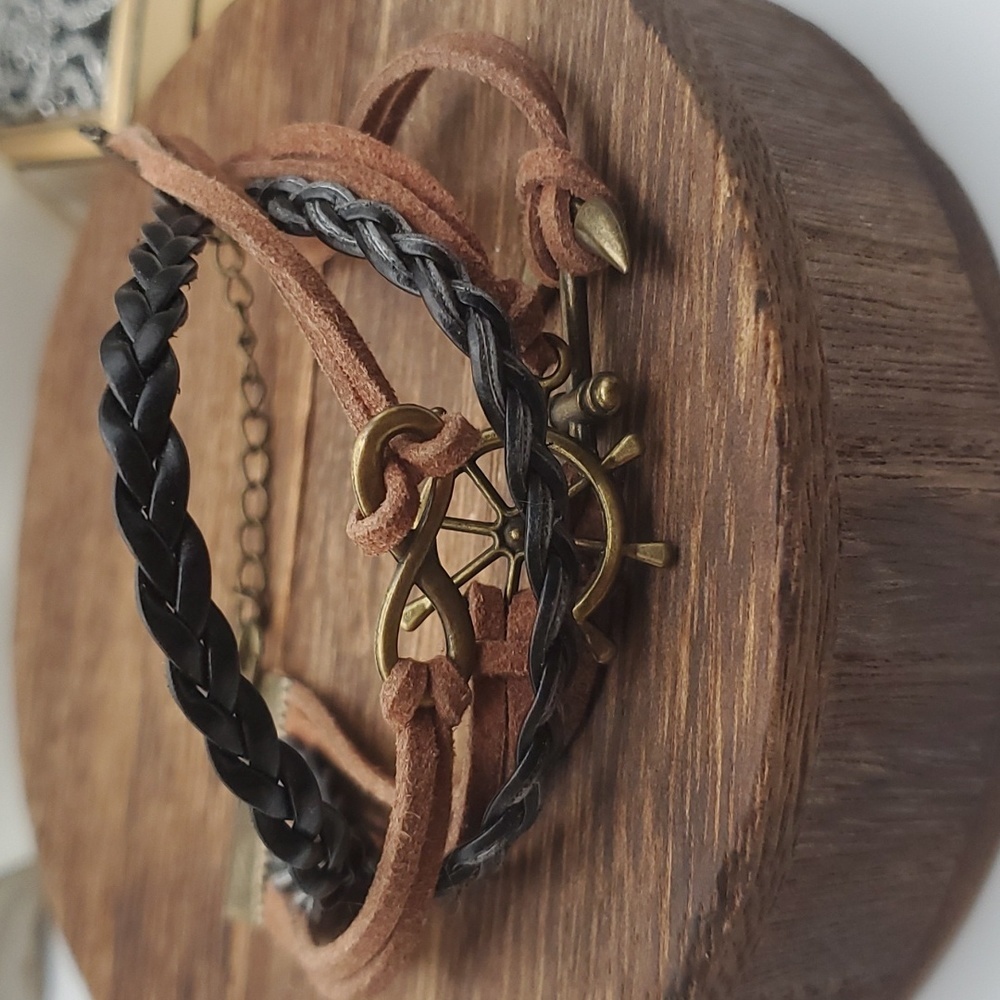 Leather tiered bracelet anchors away unisex B1917